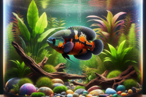 A vibrant aquarium with a healthy Oscar fish, lush plants, and colourful decorations.